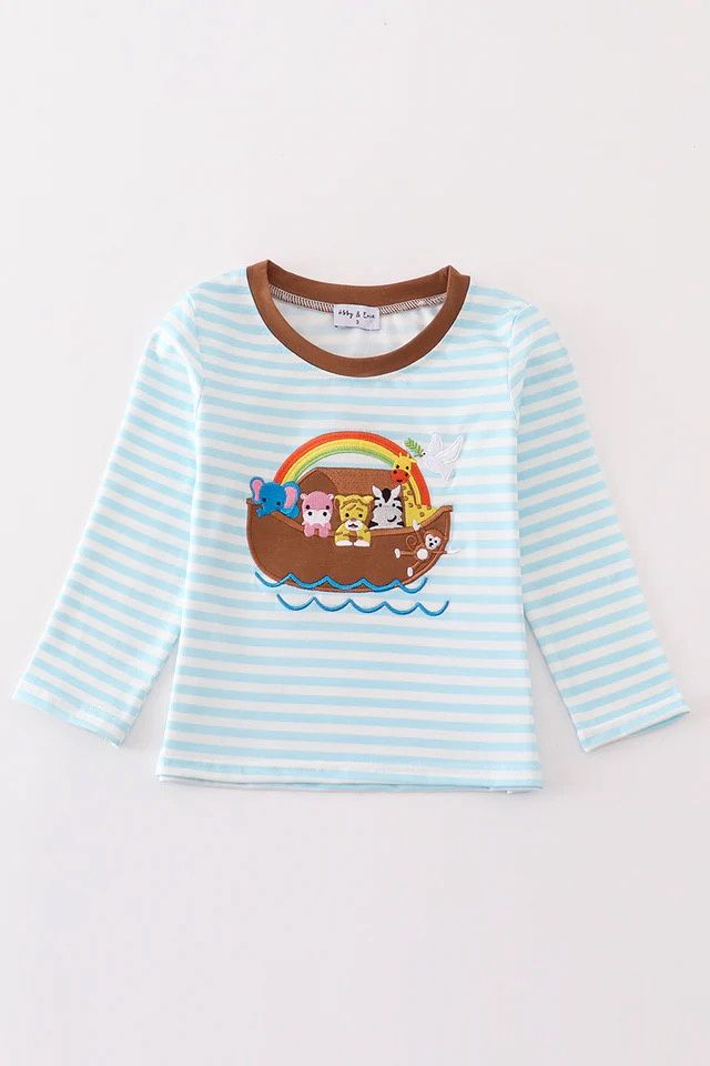 BLUE STRIPE NOAH&#39;S ARK ANIMAL APPLIQUE BOY TOP