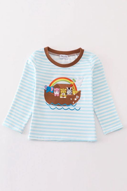 BLUE STRIPE NOAH&#39;S ARK ANIMAL APPLIQUE BOY TOP
