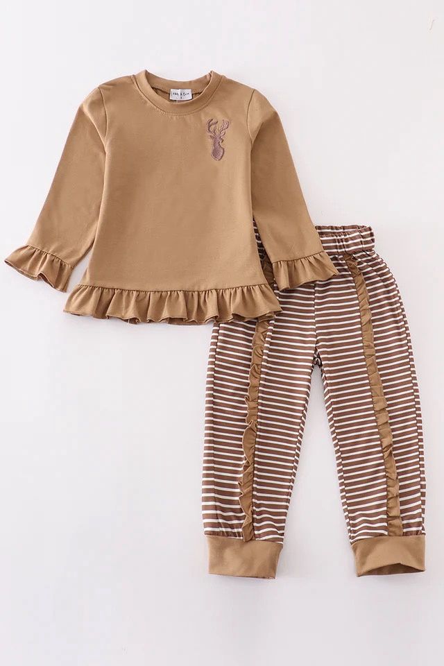 BROWN STRIPE ANTLER EMBROIDERY GIRL SET