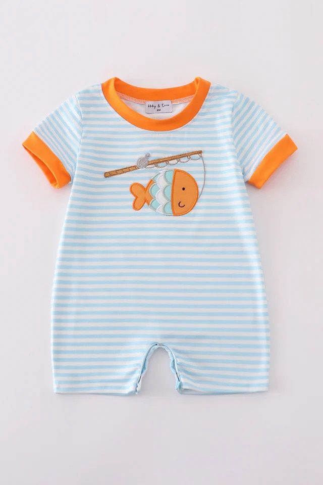 BLUE STRIPE GO FISHING APPLIQUE ROMPER