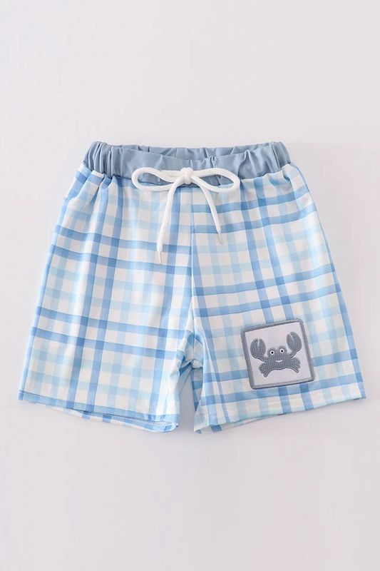 BLUE PLAID CRAB EMBROIDERY BOY SWIM TRUNKS