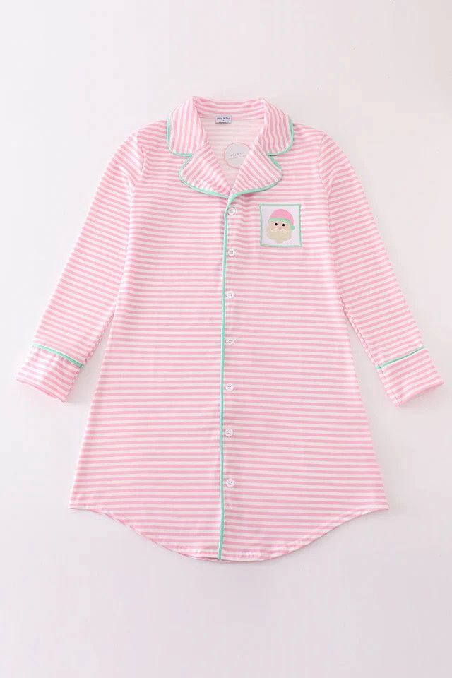 PINK STRIPE CHRISTMAS SANTA CLAUS EMBROIDERY WOMEN GOWN