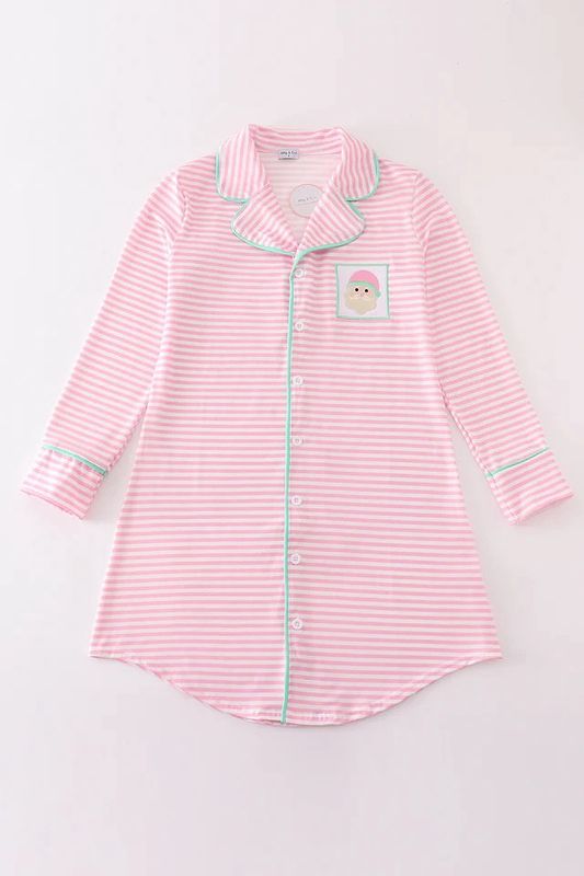PINK STRIPE CHRISTMAS SANTA CLAUS EMBROIDERY WOMEN GOWN
