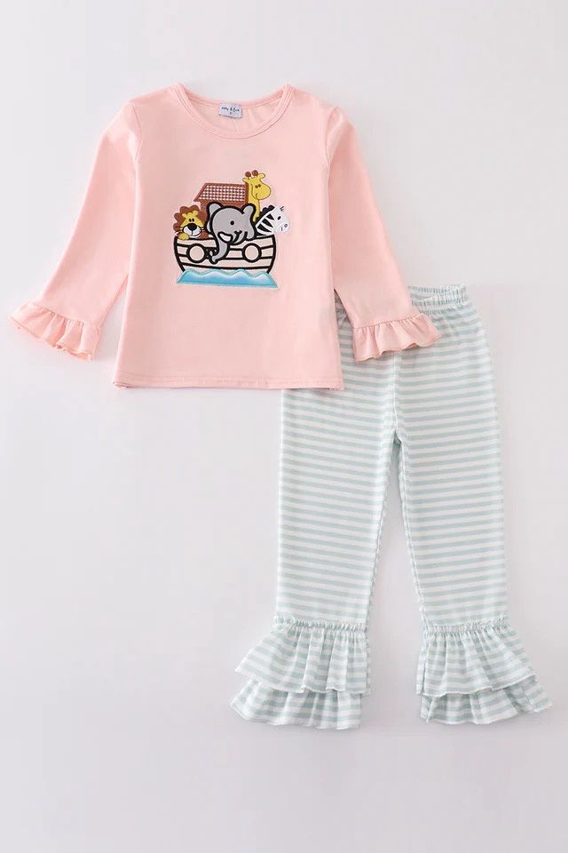 PINK NOAH&#39;S ARK EMBROIDERY STRIPE GIRL SET