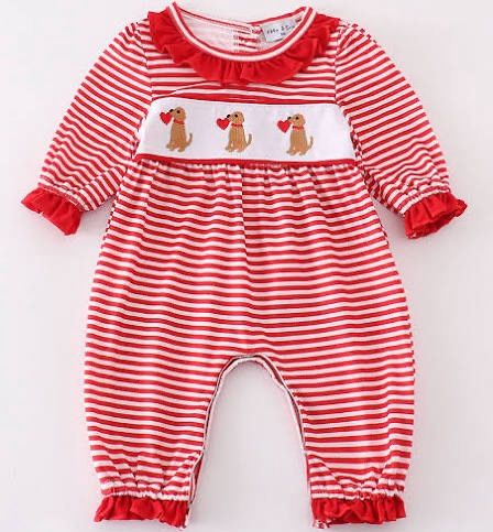 Red valentine puppy embroidery girl romper