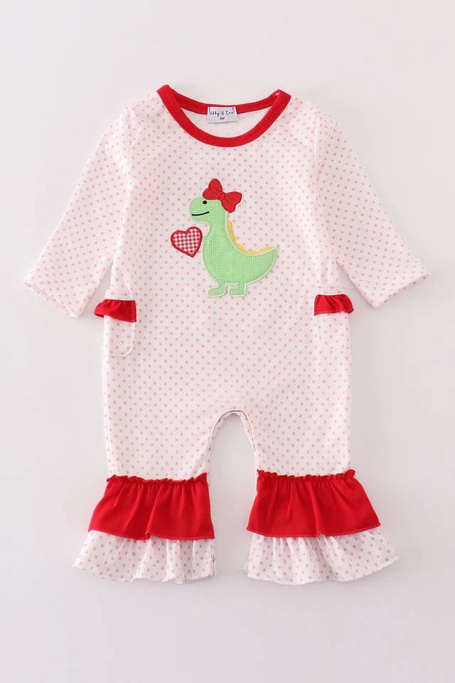 PINK DINOSAUR HEART APPLIQUE GIRL ROMPER