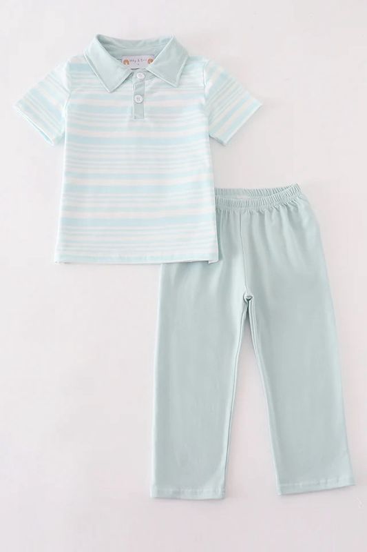 BLUE STRIPE RUFFLE BOY PANTS SET.
