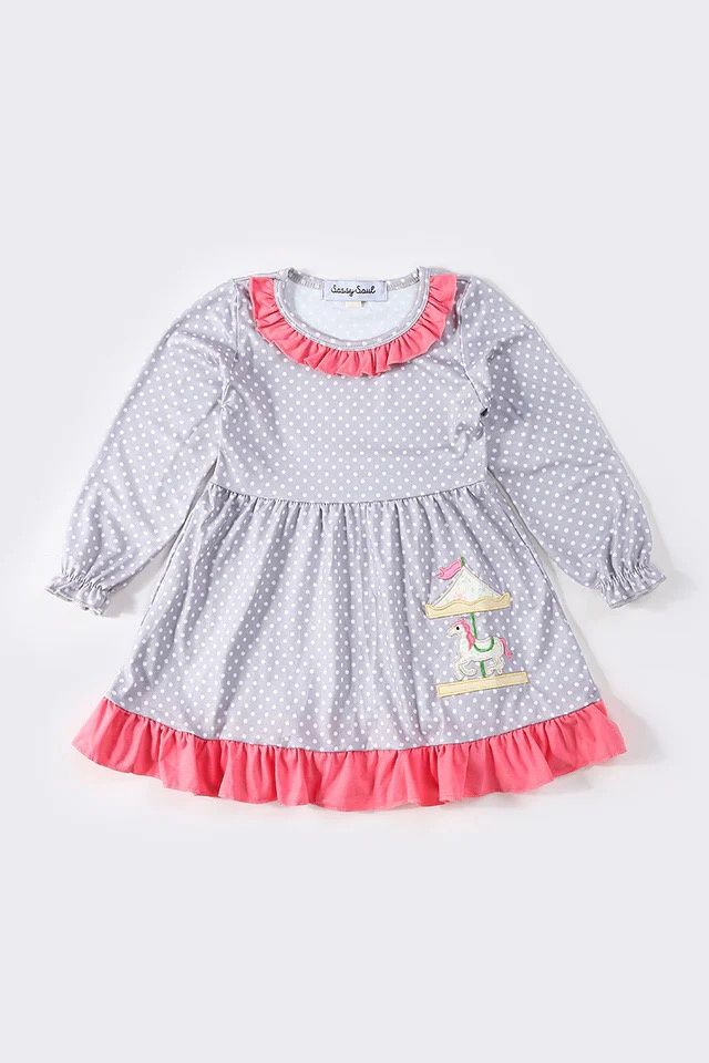 GREY DOT CAROUSEL APPLIQUE GIRL DRESS