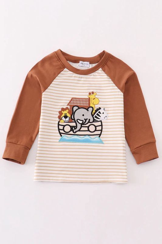 NOAH&#39;S ARK EMBROIDERY STRIPE BOY TOP