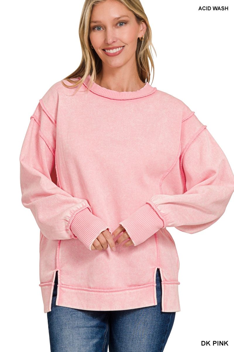 ACID WASH EXPOSED-SEAM FLEECE SWEATSHIRT