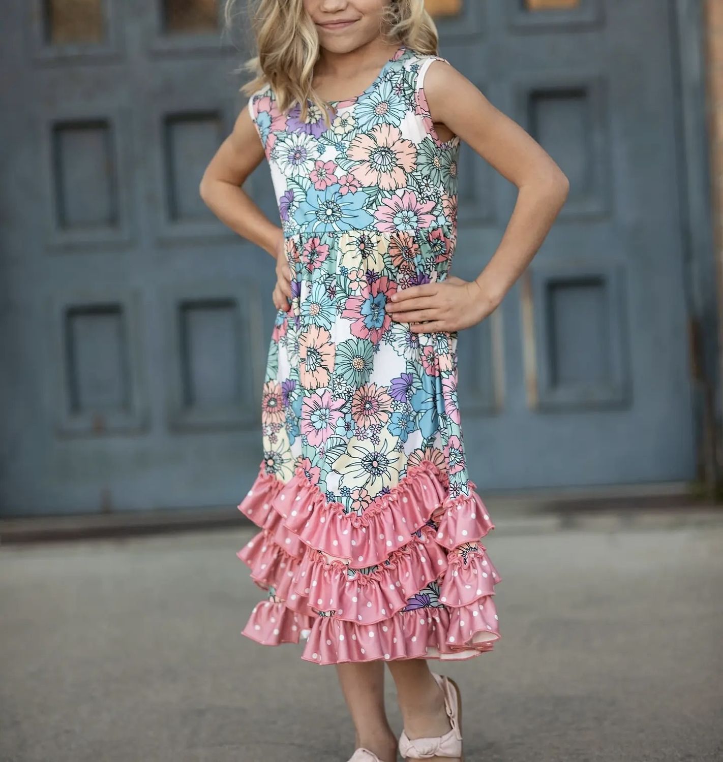 Kids Pastel Floral 3 Ruffle Spring Summer Easter Dress