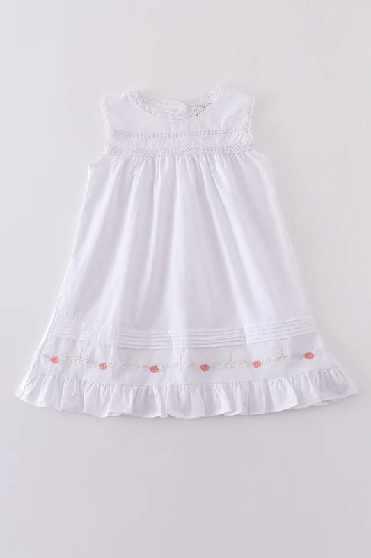 Premium white floral embroidery ruffle dress