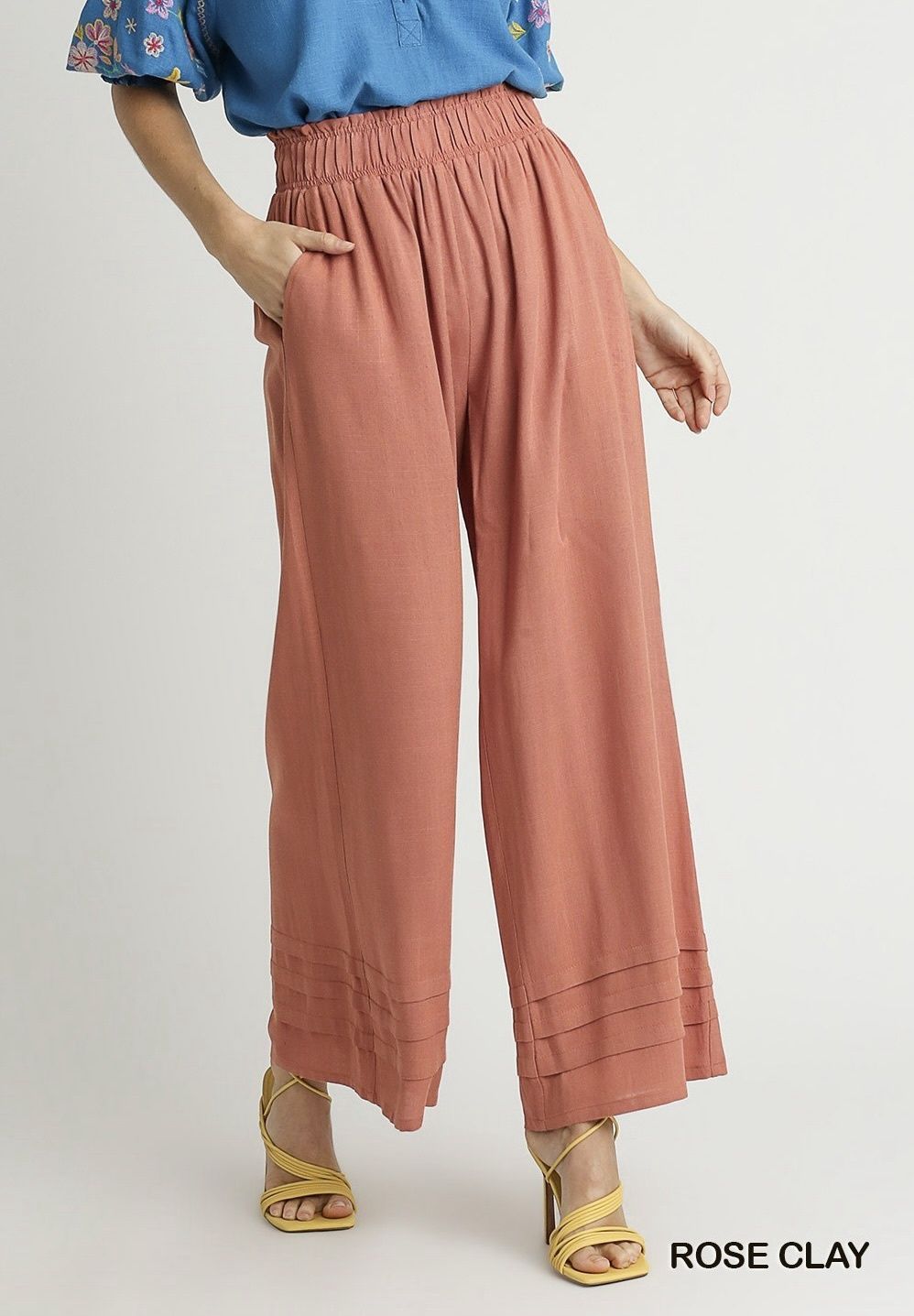 Elastic Waistband Wide Leg Pants with Pin-Tuck &amp; Side Pocket Details