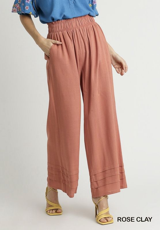 Elastic Waistband Wide Leg Pants with Pin-Tuck &amp; Side Pocket Details