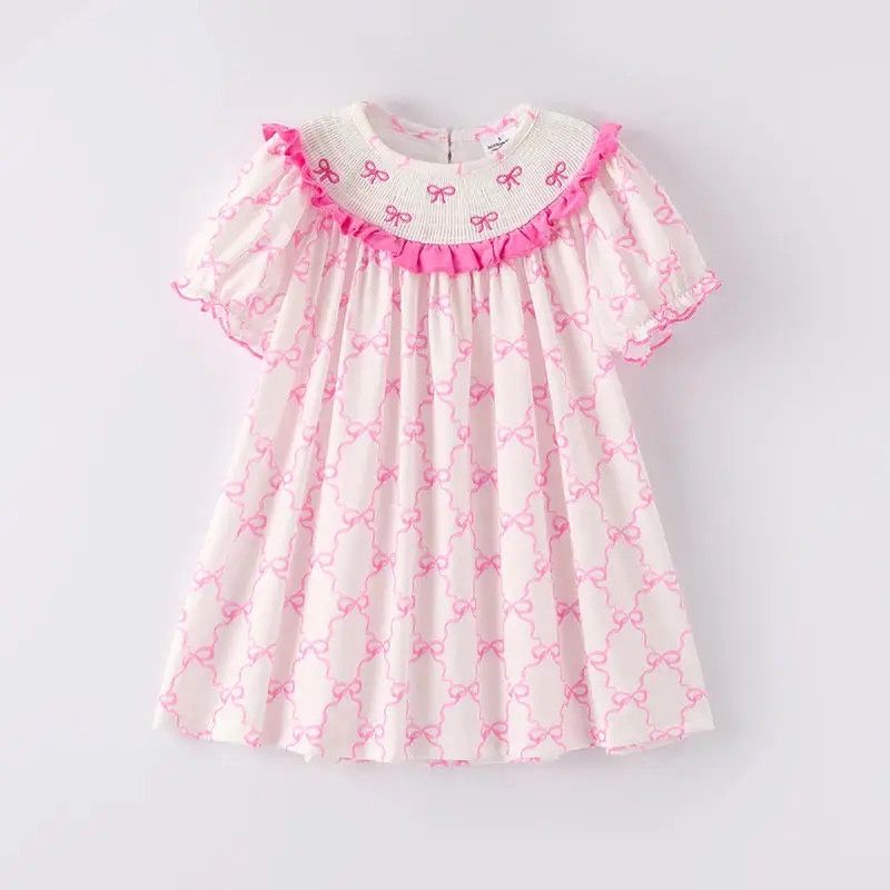 Girls Summer Pink Bow Smocked Embroidered Dress