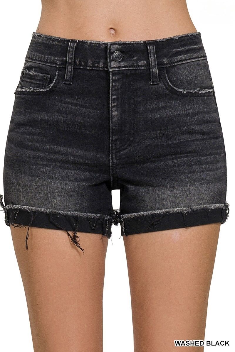 WASHED BLACK CUFFED RAW HEM DENIM SHORTS