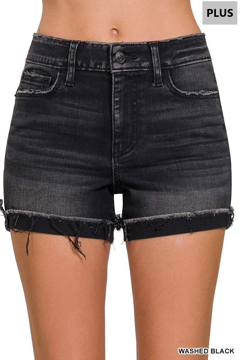PLUS-WASHED BLACK CUFFED RAW HEM DENIM SHORTS