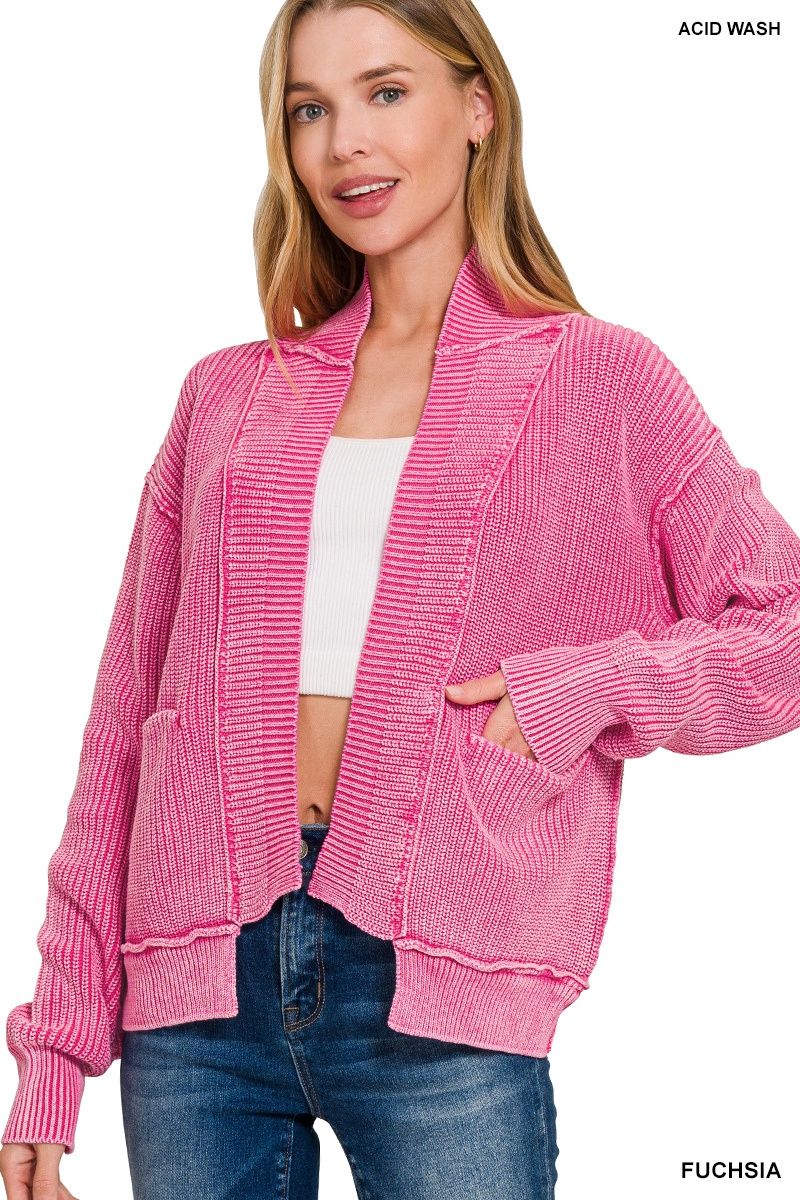 WASHED DROPPED SHOULDER CARDIGAN W SIDE POCKETS