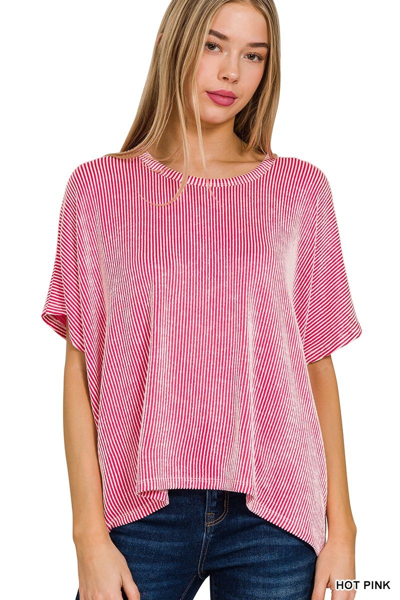 RIBBED STRIPED OVERSIZED SHORT-SLEEVE TOP