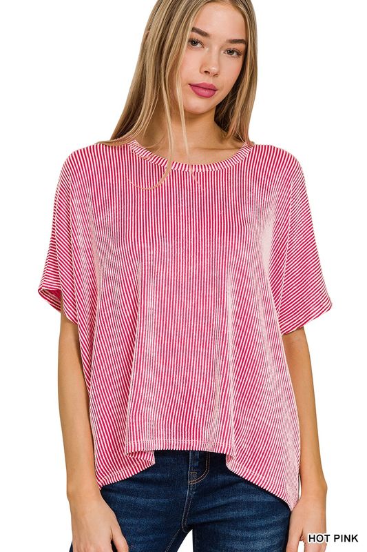 RIBBED STRIPED OVERSIZED SHORT-SLEEVE TOP
