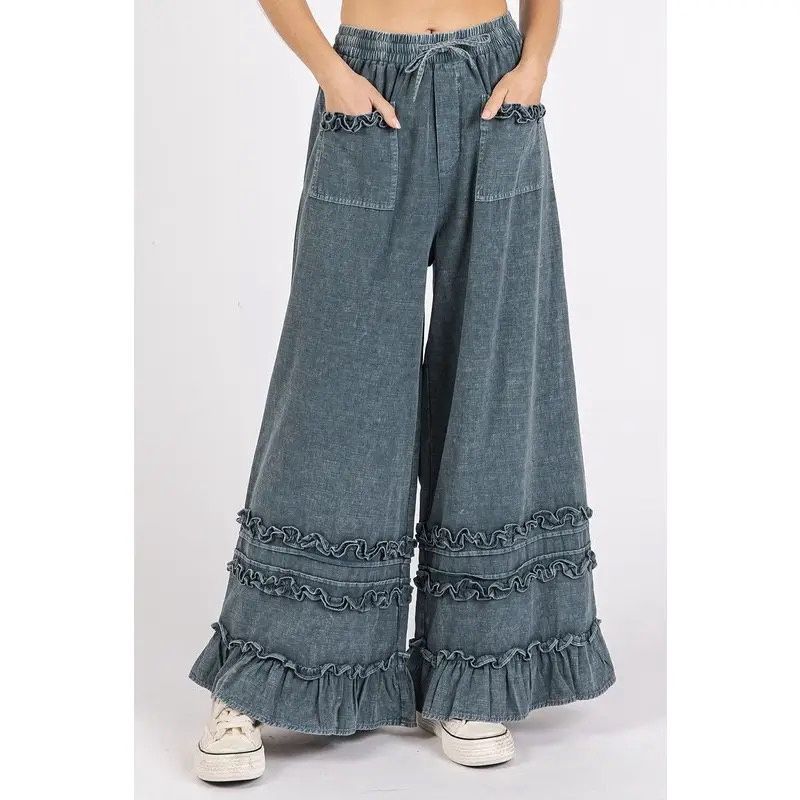 Ruffle Trim Linen Blend Wide Leg Women&#39;s Pants