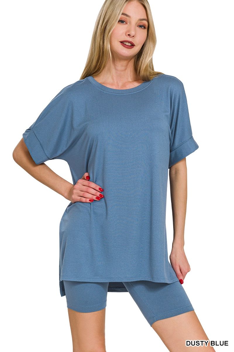 BRUSHED  MICROFIBER ROUND-NECK TOP &amp; BIKER SHORTS