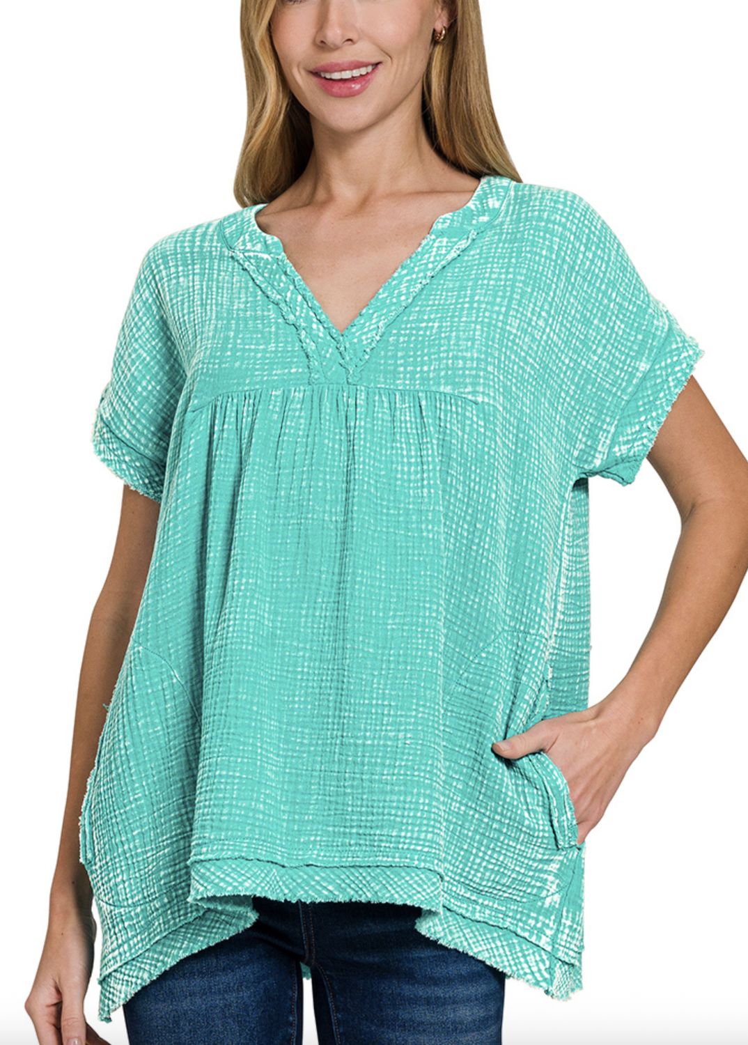 WASHED DOUBLE GAUZE RAW EDGE SHORT SLEEVE SHIRT