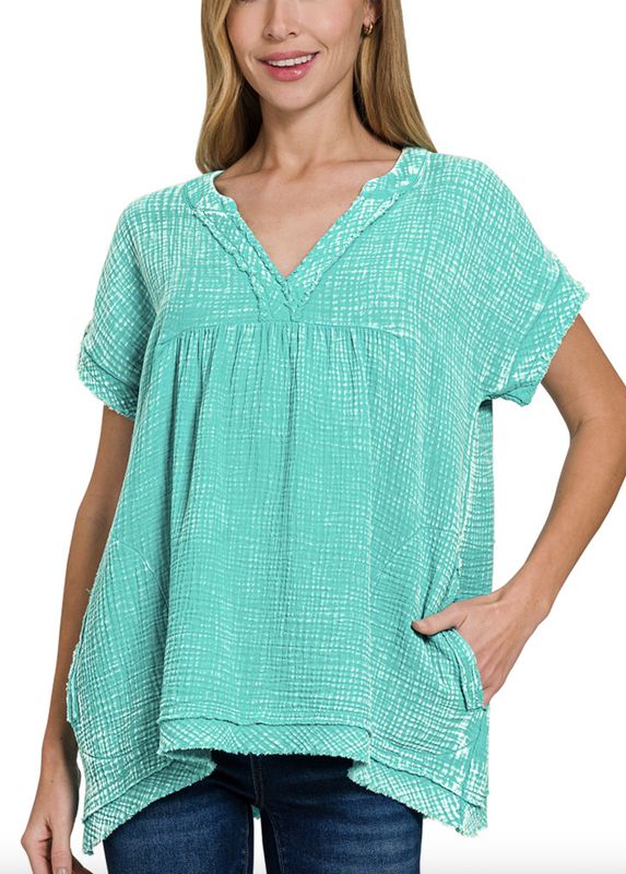 WASHED DOUBLE GAUZE RAW EDGE SHORT SLEEVE SHIRT