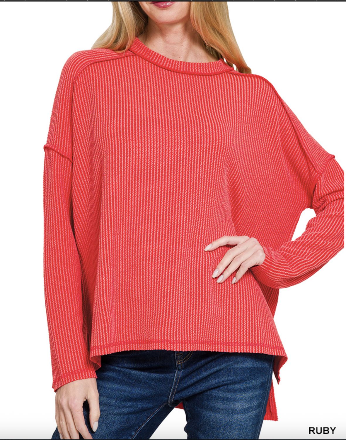 RAISED RIB RAW EDGE BOAT NECK LONG SLEEVE TOP