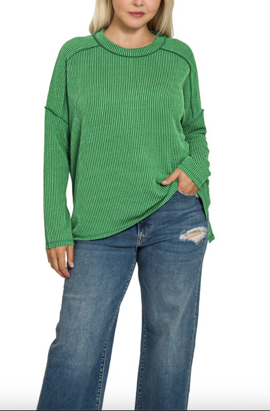 PLUS RAISED RIB RAW EDGE BOAT NECK LONG SLEEVE TOP
