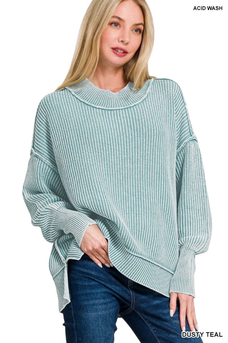 WASHED RIBBED SIDE SLIT OVERSIZED SWEATER