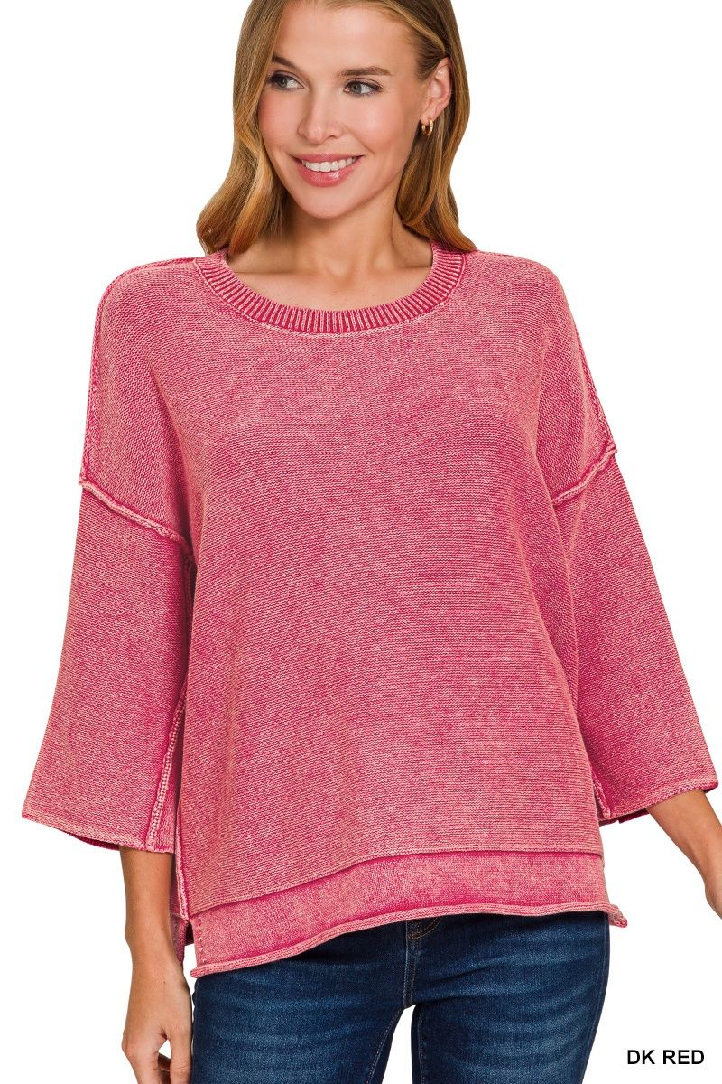 WASHED 3/4 SLEEVE BOXY SWEATER