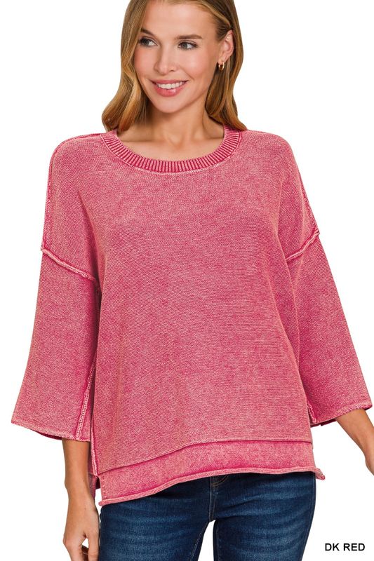 WASHED 3/4 SLEEVE BOXY SWEATER.