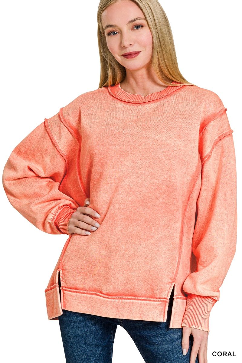ACID WASH EXPOSED-SEAM FLEECE SWEATSHIRT
