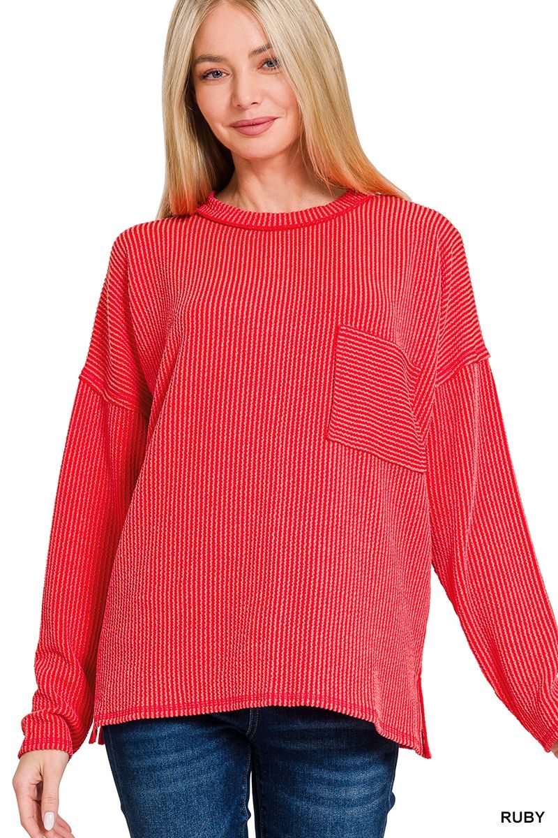 RAISED RIB LONG SLEEVE DROP SHOULDER TOP