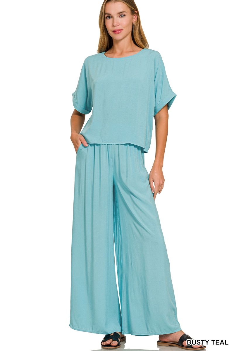 WOVEN SHORT SLEEVE &amp; LONG PANTS SET