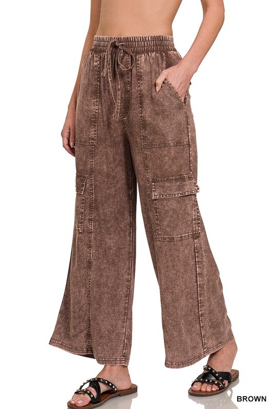 WASHED LINEN ELASTIC BAND WAIST CARGO PANTSx
