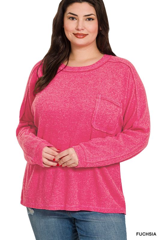 PLUS BRUSHED RIBBED HACCI ROUND NECK SWEATER