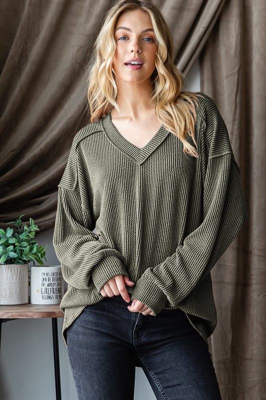 V NECK RIB LONG SLEEVE TOP PLUS