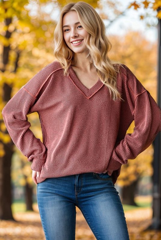 V NECK RIB LONG SLEEVE TOP