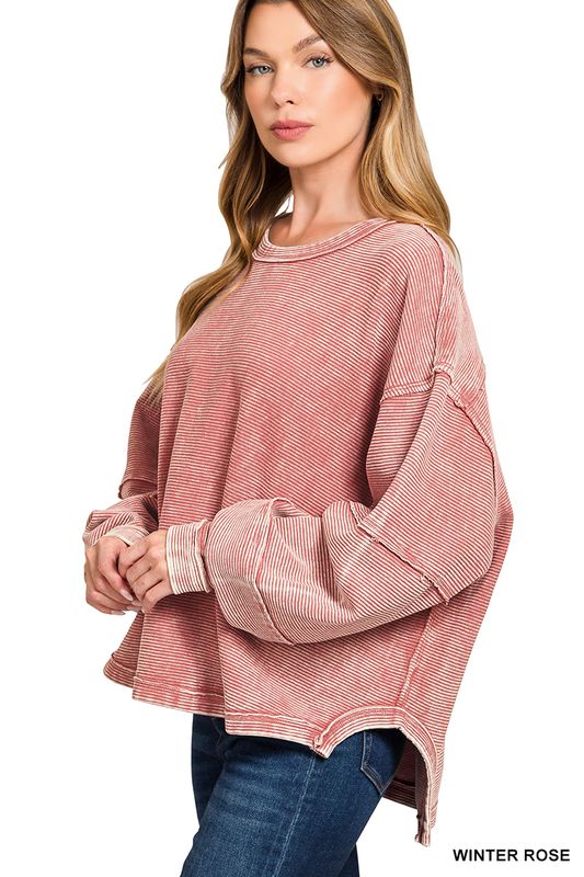 ACID WASHED DOUBLE RIBBED EXPOSED-SEAM CROPPED PULLOVER