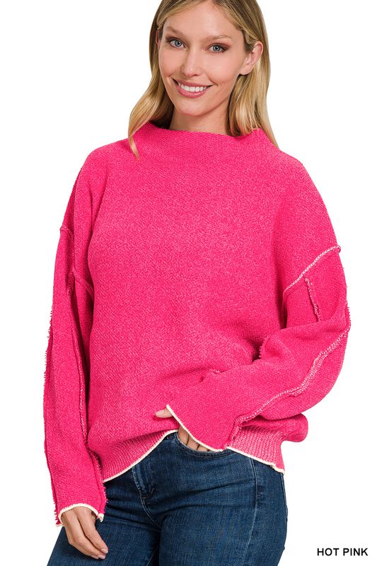 OVERSIZED MOCK NECK RAW SEAM CHENILLE SWEATER