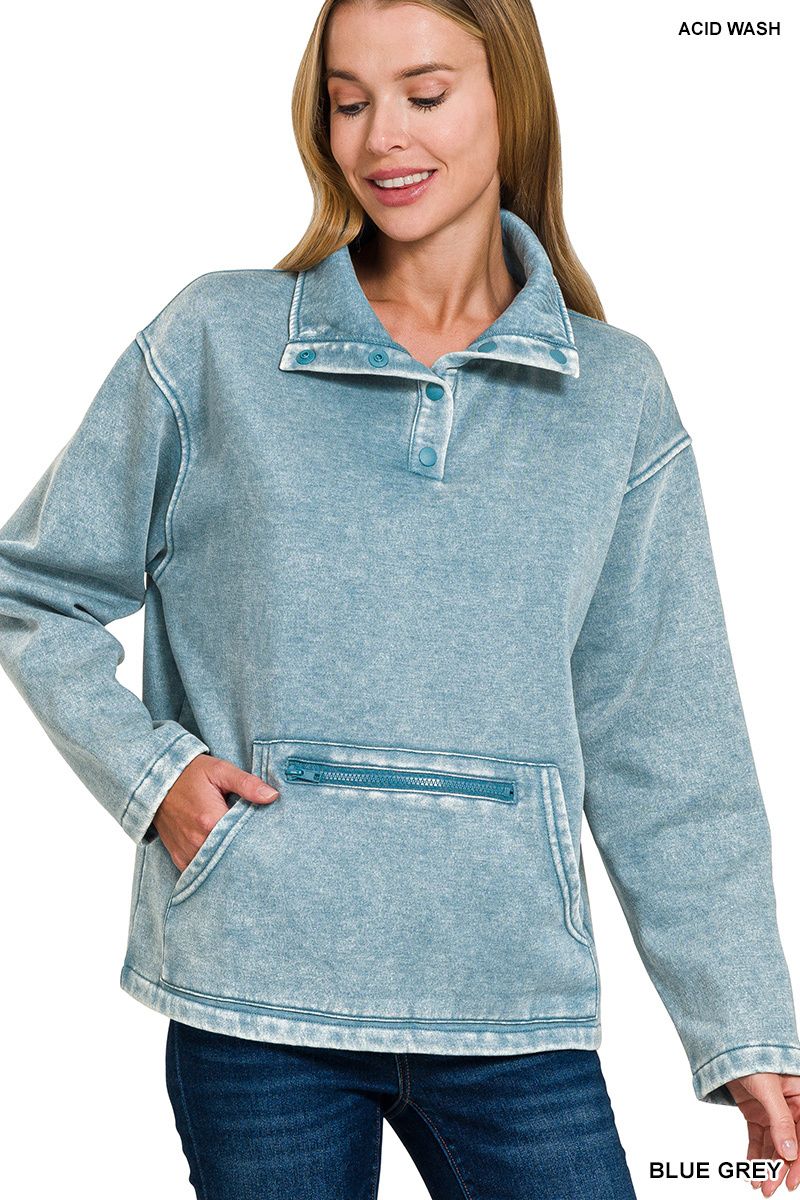 FLEECE WASHED HIGH NECK KANGAROO POCKET PULLOVER