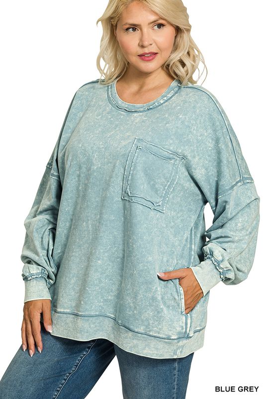 PLUS F/TERRY ACID WASH PULLOVER