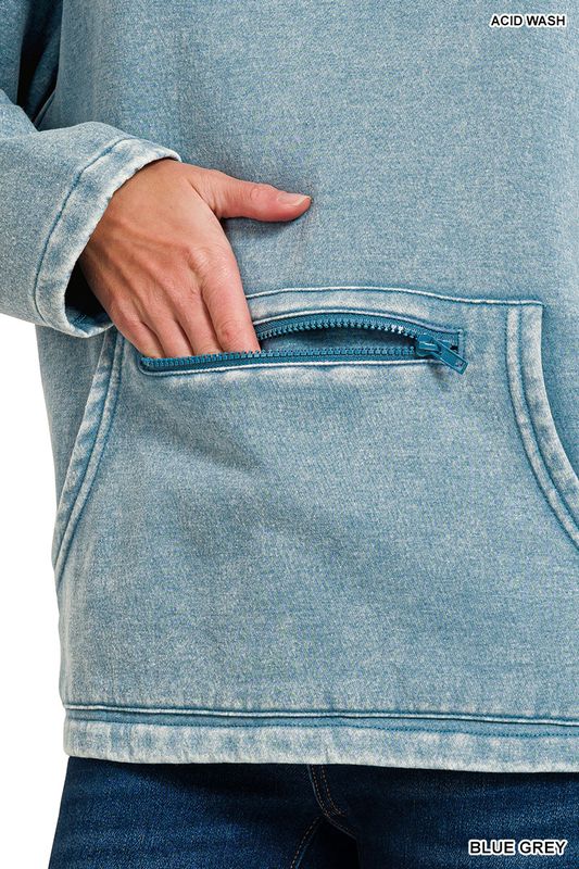 FLEECE WASHED HIGH NECK KANGAROO POCKET PULLOVER