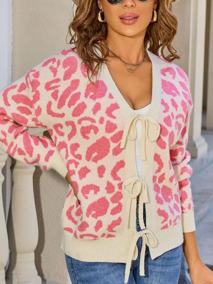 Leopard Print Cardigan Sweater with Tie Front