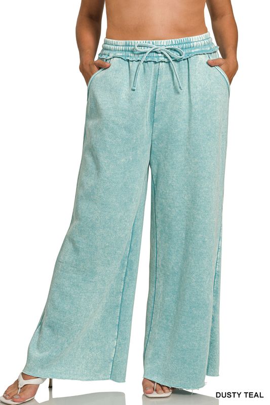 PLUS  Acid Wash Fleece Palazzo Sweatpants with Pockets