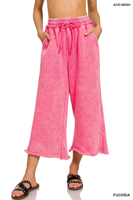 ACID WASH FLEECE PALAZZO SWEATPANTS WITH POCKETS