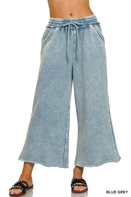 ACID WASH FLEECE PALAZZO SWEATPANTS WITH POCKETS