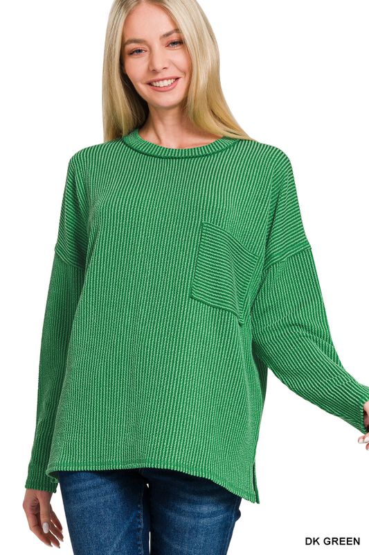 RAISED RIB LS DROP SHOULDER TOP (Pocket)